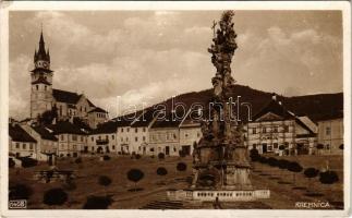 Körmöcbánya, Kremnitz, Kremnica; Városháza felújítás alatt, bor és sörcsarnok, Szentháromság szobor / town hall under renovation, shops, beer hall, Holy Trinity statue (EK)