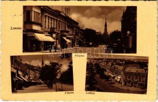 1942 Losonc, Lucenec; Fő utca, utcai benzintöltő állomás, üzletek, látkép. Redlinger kiadása / main street, petrol pump, shops, general view