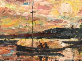 Schéner Mihály (1923-2009): Naplemente. Olaj, farost, jelzett. Hátoldalán autográf felirattal. Fa ke...