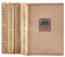 Kós Károly 4 műve, az Erdélyi Szépmíves Céh kiadásában:   Erdély. Az Erdélyi Szépmíves Céh 10 éves jubileumára kiadott díszkiadás. Kolozsvár,én., Erdélyi Szépmíves Céh, 88 p.+60 t. Kós Károly egészoldalas, eredeti linómetszeteivel. Szövegközi illusztrációkkal. Kiadói egészvászon-kötés, a borítón apró kopásnyomokkal, a gerincen kis sérüléssel.;   Kalotaszeg. Az Erdélyi Szépmíves Céh 10 éves jubileumára kiadott díszkiadás. Kolozsvár, én., Erdélyi Szépmíves Céh, 278 p. Kós Károly szövegközi és egészoldalas, részben színes linómetszeteivel. Kiadói egészvászon-kötésben.;   Varjúnemzetség. Az Erdélyi Szépmíves Céh 10 éves jubileumára kiadott díszkiadás. Kolozsvár, én., Erdélyi Szépmíves Céh,304 p. Kiadói egészvászon-kötésben, kissé kopott, kissé foltos borítóval.;  Az országépítő. Történeti regény. Az Erdélyi Szépmíves Céh 10 éves jubileumára kiadott díszkiadás. Kolozsvár, én., Erdélyi Szépmíves Céh,438 p. Kiadói egészvászon-kötésben, kissé kopott, kissé foltos borítóval, kissé laza fűzéssel.;
