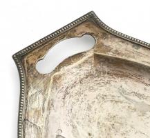 Ezüst (Ag) nagy méretű füles tálca 4 db mokkás csészével, benne üvegbetét. Jelzett. Kopott. Nettó: 1...