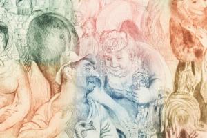 Szabó Vladimír (1905-1991): Vásár. Színes rézkarc, papír, jelzett. Keretben, 29×39 cm