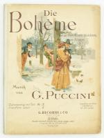 Giacomo Puccini: Die Bohéme (Bohémélet.) Mailand (Milano), 1897., G. Ricordi, 144 p. Német nyelven. Puccini Bohémélet c. négyfelvonásos operájának a kottája. Kiadói illusztrált félvászon-kötés, kissé foltos, kissé kopott borítóval.