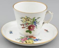 Antik Tatai teás csésze aljjal, Imre felirattal, kézzel festett porcelán, jelzett, kopásnyomokkal, XIX. század, csésze m: 7,5 cm, csésze alj d: 15 cm.