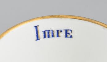 Antik Tatai teás csésze aljjal, Imre felirattal, kézzel festett porcelán, jelzett, kopásnyomokkal, X...