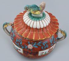 Antik Herendi Gödöllő mintás cukortartó fedővel, kézzel festett porcelán, jelzett, kopott, m: 13 cm, d: 13,5 cm. XIX. század második fele.