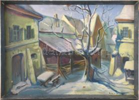 Orosz Gellért (1919-2002): Havas utca, 1960. Olaj, farost, jelzett, sérült (felületi festékhiányokkal). Dekoratív, kissé sérült fa keretben, 60×80 cm