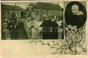 1912 Budapest XIV. Rózsafüzér királynéja templom építése. A rendfőnök (P. Cormier Jácint) megbízottja (P. Theissling Lajos) köszönetet mond József főhercegnek az alapkő megáldása után. Herbst műnyomása, floral (EK)