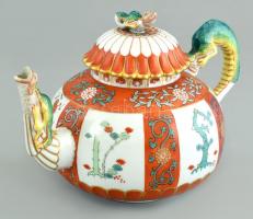 Antik Herendi Gödöllő mintás teás kanna fedővel, kézzel festett porcelán, jelzett, kopott, m: 14 cm, d: 21 cm. XIX. század második fele.