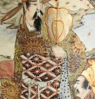 Antik japán Satsuma jellegű váza, kézzel festett fajansz, jelzett, kopott, mázrepedésekkel, m: 46 cm