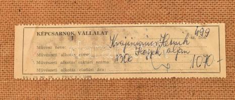 Krajcsirovits Henrik (1929-2007): Hegyek alján. Olaj, farost, jelzett. Hátoldalán autográf feliratta...