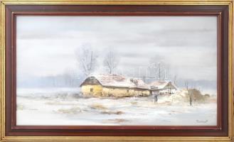 Reinhardt István (1936-): Tél. Olaj, farost, jelzett. Dekoratív, kissé sérült fa keretben, 50×90 cm