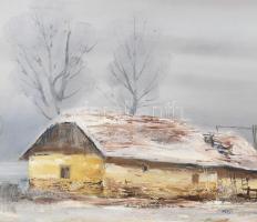 Reinhardt István (1936-): Tél. Olaj, farost, jelzett. Dekoratív, kissé sérült fa keretben, 50×90 cm