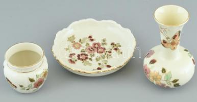 Zsolnay virág mintás készlet: tálka, váza, mini kaspó. Kézzel festett, jelzett, hibátlan d:13 cm, m: 12 cm