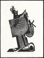 Joseph Kádár (1936-2019): Absztrakt kompozíció, 1981. Cinkkarc, papír, jelzett, számozott (33/50). Hátoldalon a művész pecsétjével és autográf feliratával. 26,5x16,5 cm