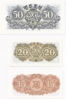 Észak-Korea 1947. 15ch + 20ch + 50ch, mindhárom vízjel nélkül, modern reprint T:I North Korea 1947. 15 Chon + 20 Chon + 50 Chon, all without watermark, modern reprint C:UNC Krause P#5, P#6, P#7