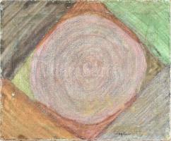 Olvashatatlan jelzéssel, feltehetően a XX. sz. végén működött magyar festő: Absztrakt kompozíció. Olaj, vászon, hátoldalán olvashatatlan felirattal, 1997-es évszámmal. Apró felületi kopásokkal. 40x50 cm