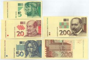 Horvátország 1993. 5K + 20K + 50K + 200K + 500K + 1000K, mind előlapi színpróba + 200K + 500K + 1000...