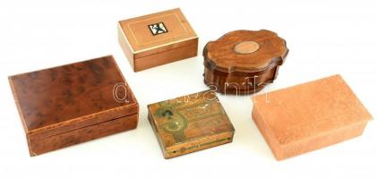 5 db régi ládika, doboz: fiókos fa dobozka, bőr borítású doboz, fém pipadohányos doboz, berakásos doboz