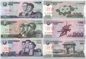 Észak-Korea 2002-2013. 5W-5000W (10xklf) MINTA felülnyomással és 0000000-ás sorszámmal T:I North Korea 2002-2013. 5 Won - 5000 Won (10xdiff) with SPECIMEN overprint and 0000000 serial C:UNC