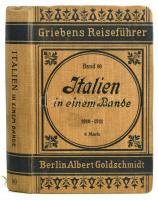 Italien in einem Bande. Praktisches Reisehandbuch. Vollständig neu bearbeitet von W. Schultz-Riesenberg. Griebens Reiseführer Band 80. Berlin, 1910-1911., Albert Goldschmit, I-VI+7-399+1+16 p. Vierte Auflage. Német nyelven. Kihajtható térképekkel. Hátul 1 db térkép-melléklettel. Kiadói egészvászon-kötésben, kis kopásnyomokkal, egy térképen javítással.