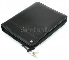 Fekete bőr irattartó táska, zárható, 2 db kulccsal, golyós- és filctollal, bőrápolóval, 26,5x22x5 cm