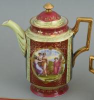 Cseh Altwien 6 személyes mokkás készlet, tálcával, matricás porcelán, jelzett, kopásnyomokkal