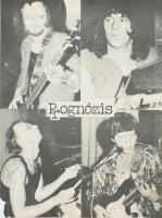 cca 1980 A Prognózis rockegyüttes tagjainak (Vörös István, Bártfai György, Jankai Béla, Kormos Gábor) aláírása őket ábrázoló plakáton, sérülésekkel, 39x29 cm