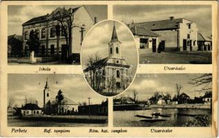 Perbete, Pribeta; iskola, utca, református és római katolikus templom, Gubán Gyula üzlete / churches, school, street, shop (fl)