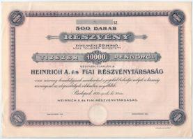 Budapest 1926. Heinrich A. és Fiai Részvénytársaság ötszáz darab részvénye egyben, összesen 10.000P-ről, szárazpecséttel, sorszám és aláírások nélkül, teljes szelvényívvel T:I-