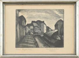 Dési Huber István (1895-1944): Milano, Naviglio, 1928. Rézkarc, papír, jelzett, üvegezett fa keretben. Lapszéli apró foltokkal. 13x16 cm