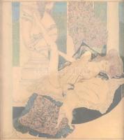 Franz von Bayros (1866-1924): Erotikus heliogravűr, kézzel színezett, papír, jelzés nélkül, üvegezett fa keretben. 21,5x20 cm