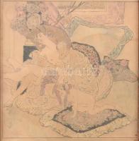 Franz von Bayros (1866-1924): Erotikus jelenet. Heliogravűr, kézzel színezett, papír, jelzés nélkül, üvegezett fa keretben. 21,5x20 cm