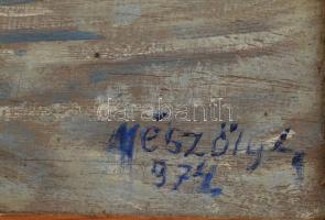 Mészöly L jelzéssel: Balatoni látkép, háttérben a Badacsony, 1974. Olaj, farost. Sarkaiban kissé sér...