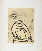 Vollmuth Frigyes (1943-): Kaszáló. Monotípia, papír, jelzett, kartonra kasírozva, hátoldalán feliratozott, karton széle sérült, 42×30,5 cm