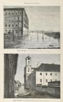 cca 1876 Budapesti árvízi képek, 10 db fametszet az árvíz sújtotta Budapestről, rajta ismert épülete...