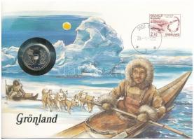 Grönland, benne Dánia 1987. 25ö felbélyegzett borítékban, bélyegzéssel T:1  Greenland with Denmark 1987. 25 Öre coin in envelope with stamp and cancellation C:UNC