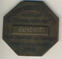 Franciaország 1931 "Vizipoló EU-bajnokság" nyolcszögletű nagyalakú Br díjérem szignó E. Fr...