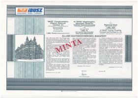 Budapest 1991. Az IBUSZ Idegenforgalmi, Beszerzési, Utazási és Szállítási Részvénytársaság részvénye 1000Ft-ról, MINTA felülbélyegzéssel, sorszám nélkül, szelvényekkel T:I,I-