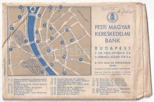 1940-1944. Pesti Magyar Kereskedelmi Bank Horthy Miklós úti fiókjának takarék betétkönyve, bejegyzésekkel. Eredeti térképes, a bankfiókok helyét mutató banki borítékkal