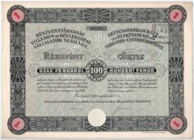 Budapest 1929. Részvénytársaság Villamos és Közlekedési Vállalatok Számára tíz részvénye 100P-ről, szelvényekkel, bélyegzéssel és szárazpecséttel T:II