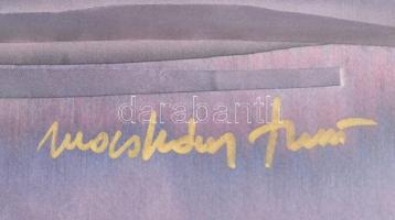 Macskássy Izolda (1945-2021): Lovak. Selyemkollázs, jelzett, kartonra kasírozva. Üvegezett fa keretb...