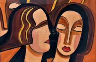 Scheiber jelzéssel: Nők. Olaj, farost. Üvegezett, kissé sérült fa keretben. 68x48 cm
