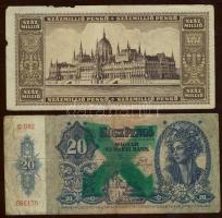 1941. 20P zöld nyilaskereszt bélyegzővel T:III + 1946. 100 millió P fekete "Német 3. Birodalom Sicherheitsdienst" bélyegzővel ellátva! Fantázia! T:IV