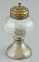 Parfümös üveg, fém foglalatban, jelzés nélkül, kopott, horpadásnyomokkal, karcos, hiányos. m: 10 cm