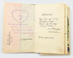1937-1941 Emlékkönyv számos kézzel írt bejegyzéssel, rajzzal, kissé kopott bőrkötésben, szétvált kötéssel, kijáró lapokkal