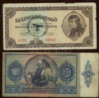 1941. 20P zöld nyilaskereszt bélyegzővel T:III + 1946. 100 millió P fekete "Német 3. Birodalom ...