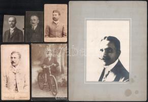 cca 1890-1910 Bajszos urak portréi (köztük egy biciklis), 6 db keményhátú fotó különböző műtermekből, kettő a szélein körbevágva, 8,5x5 cm és 17x12 cm közötti méretben