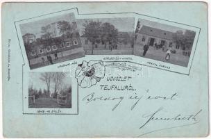 1908 Tejfalu, Milchdorf, Mliecno (Somorja, Samorín); uradalmi ház, Körjegyző hivatal, Frankl Farkas üzlete, 1848-as emlék. Goldstein J. / manorial villa, nottary, shop, statue. Art Nouveau, floral (EK)