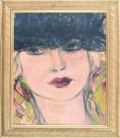 Balla Olga (1948-): Lola fátyolos kalapban. Olaj, vászon, jelzett, hátoldalán autográf felirattal. Dekoratív fa keretben. 50×40 cm